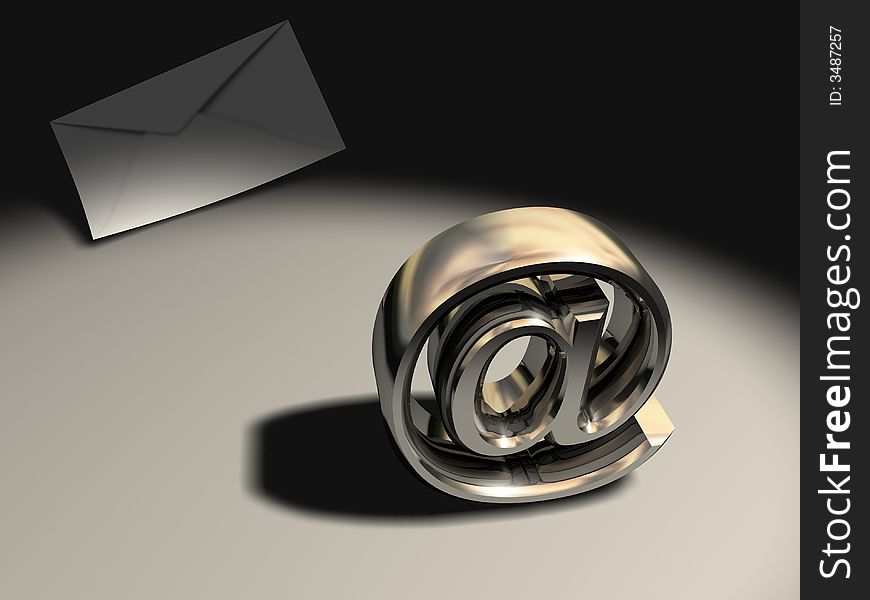 Golden around sign and an envelope - 3d render. Golden around sign and an envelope - 3d render