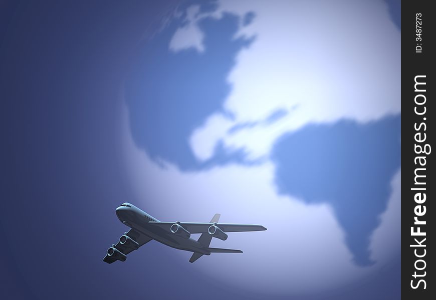 Conceptual airplane scene with Earth globe in background - 3d render. Conceptual airplane scene with Earth globe in background - 3d render