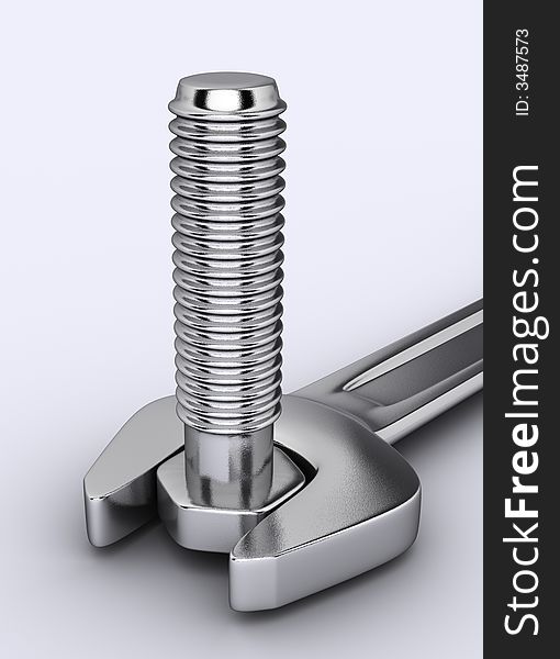 A wrench and a bolt on white background - 3d render. A wrench and a bolt on white background - 3d render