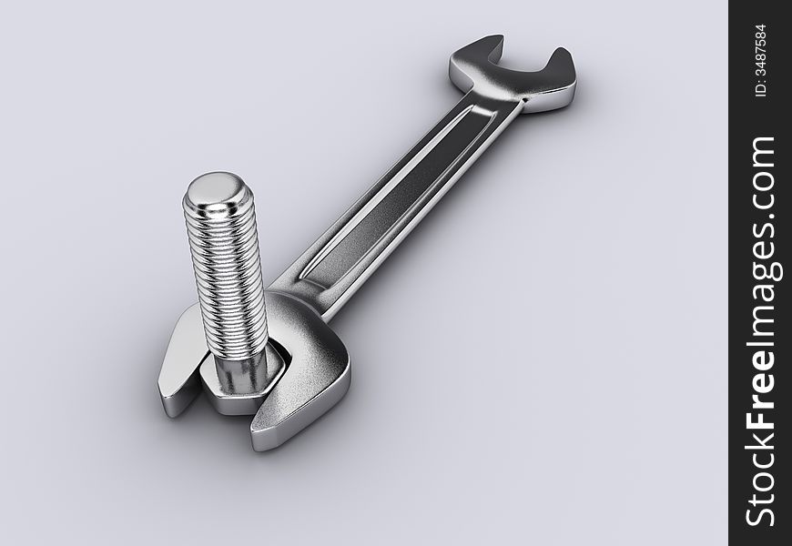 A Wrench and a bolt on white background - 3d render. A Wrench and a bolt on white background - 3d render