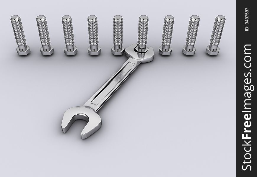 A wrench and nine bolt on white background - 3d render. A wrench and nine bolt on white background - 3d render