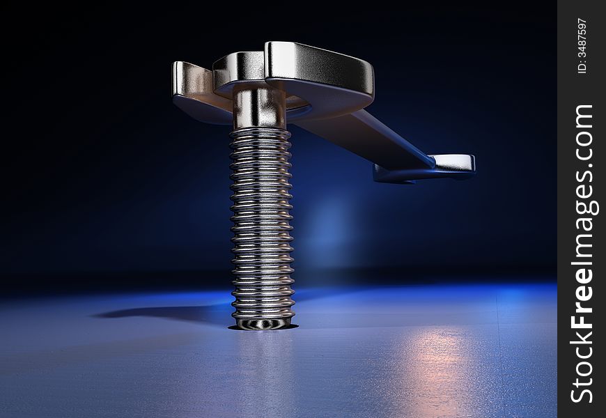 A wrench and a bolt on black background - 3d render. A wrench and a bolt on black background - 3d render