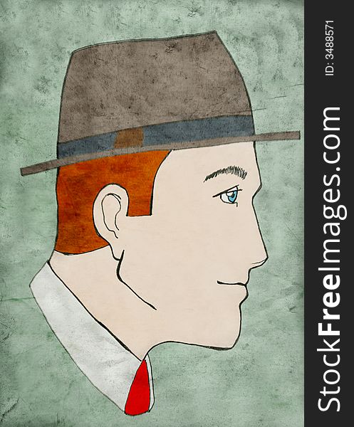 Close up of head of business man with red hair, hat, and red tie. Close up of head of business man with red hair, hat, and red tie