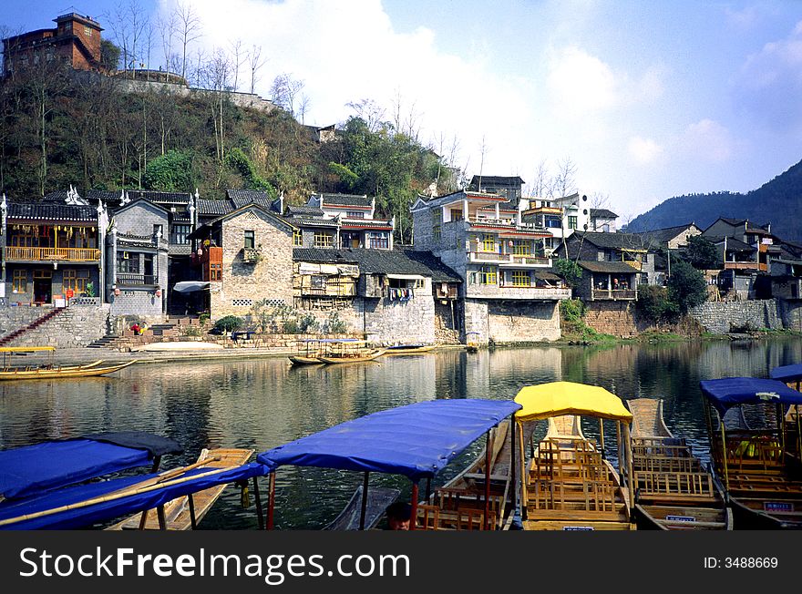 Boats on the river.Hunan province,China.