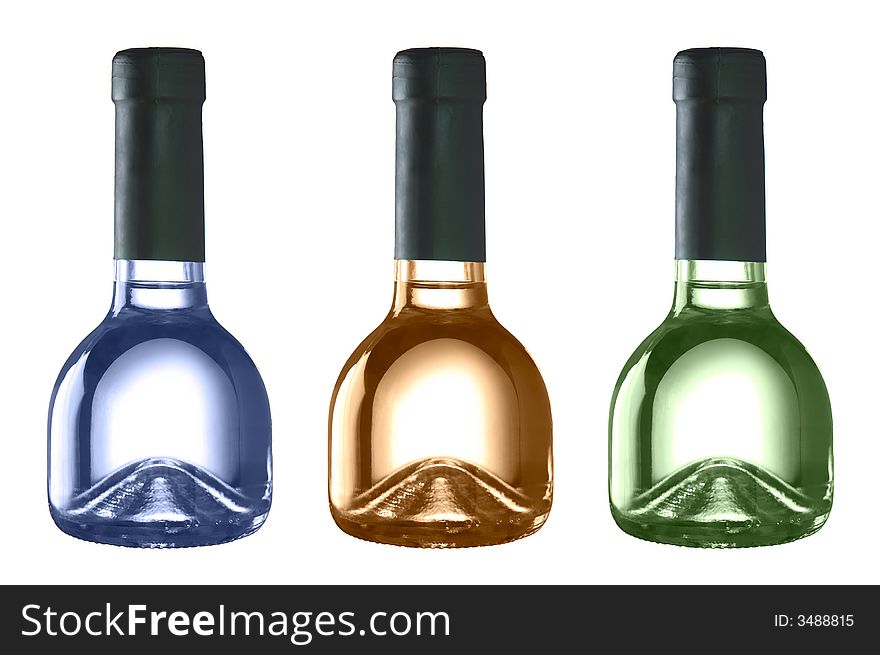 Three colored and isolated funny looking wine bottles over a white background. Three colored and isolated funny looking wine bottles over a white background