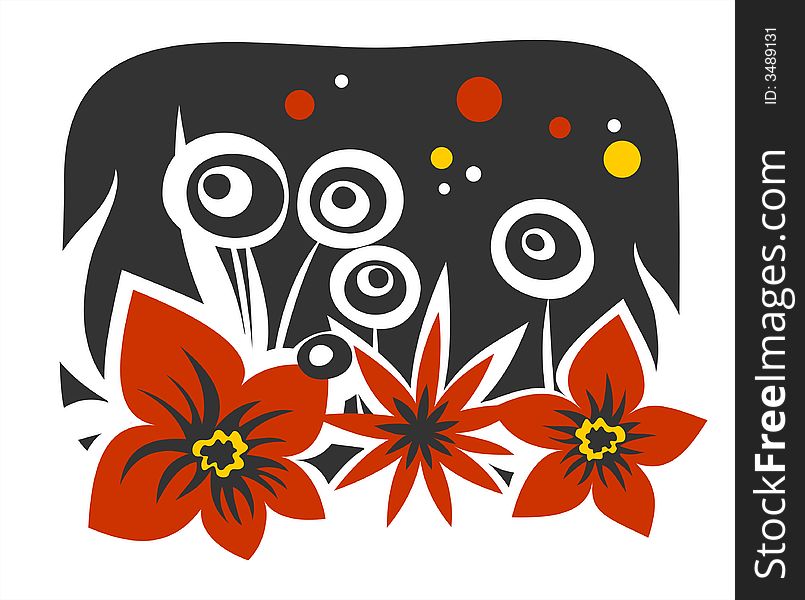 The red and white stylized flowers on a black night background. The red and white stylized flowers on a black night background.