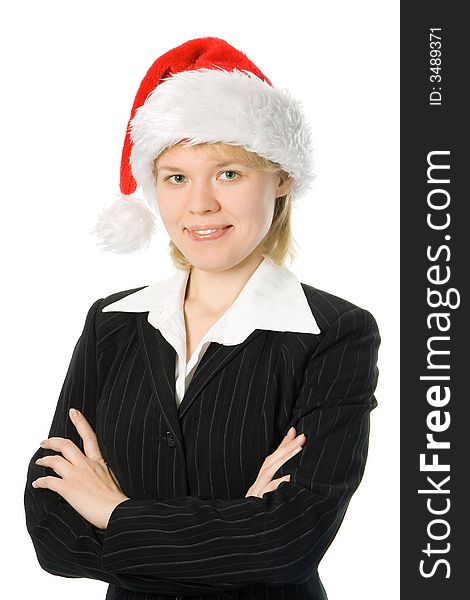 Yaoung business woman in red santa hat over white background. Yaoung business woman in red santa hat over white background
