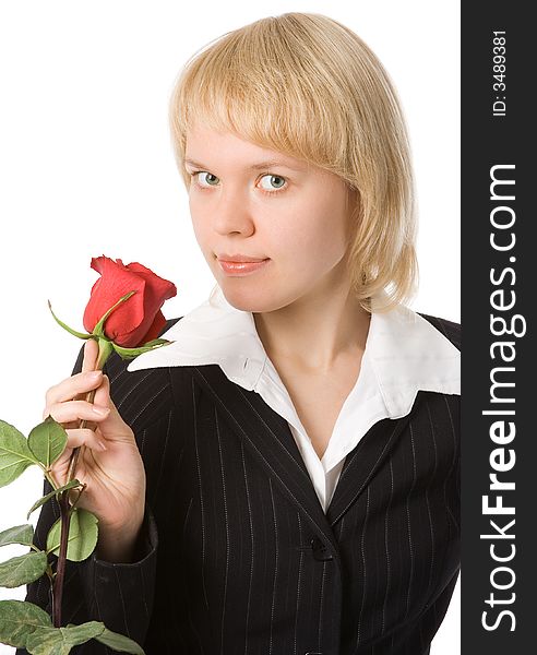 Portrait  young attractive business woman with rose flower over white background. Portrait  young attractive business woman with rose flower over white background