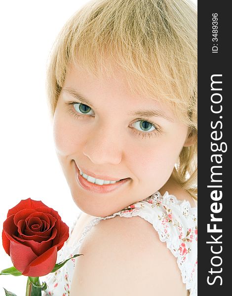 Beauty close-up yaoung woman face with rose flower over white background. Beauty close-up yaoung woman face with rose flower over white background