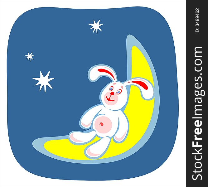 The stylized smiling rabbit sits on the moon on a background of the star sky. The stylized smiling rabbit sits on the moon on a background of the star sky.