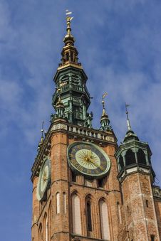 Main Town Hall Clock Tower In The Old Town Of Gdansk In Poland. Royalty Free Stock Photo Main Town Hall Clock Tower In The Old Town Of Gdansk In Poland. Royalty Free Stock Photo