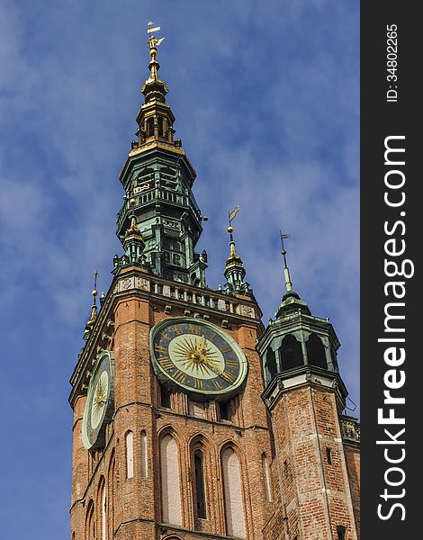 Main Town Hall clock tower in the Old Town of Gdansk in Poland.