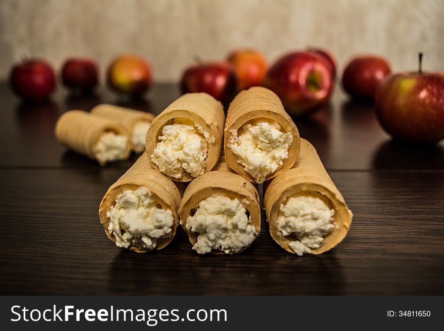 Dessert cheese, cottage cheese to waffles, apples. Dessert cheese, cottage cheese to waffles, apples