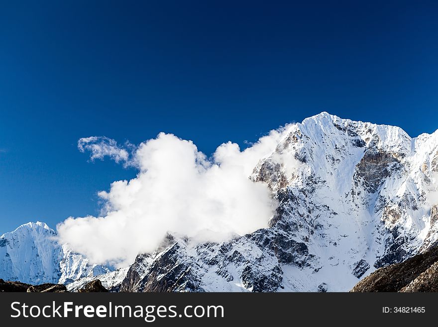 Beautiful Himalaya Mountains in Nepal. High mountain peaks in Sagarmatha Everest National Park. Beautiful Himalaya Mountains in Nepal. High mountain peaks in Sagarmatha Everest National Park