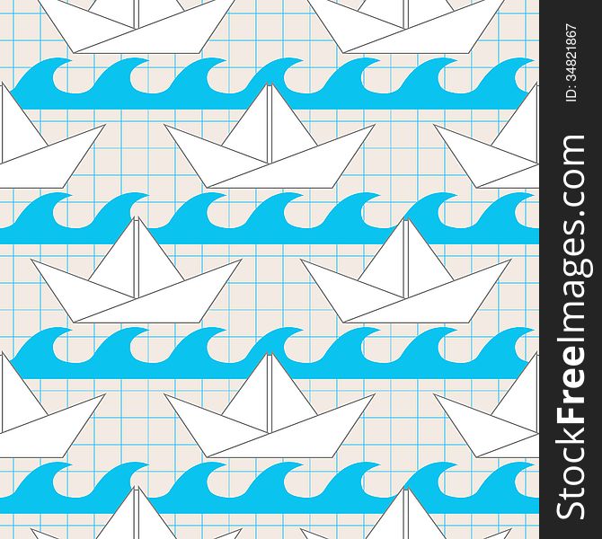 Seamless pattern with paper boats on the waves