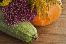 Still Life Of Squash, Pumpkins And Flowers Royalty Free Stock Photos