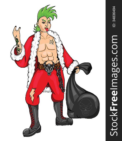 Punk dressed as Santa Claus with a bag on a white background. Punk dressed as Santa Claus with a bag on a white background
