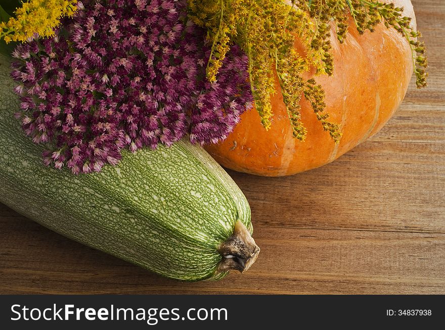 Still Life Of Squash, Pumpkins And Flowers