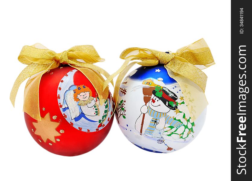 Decorated christmas tree balls with golden ribbon