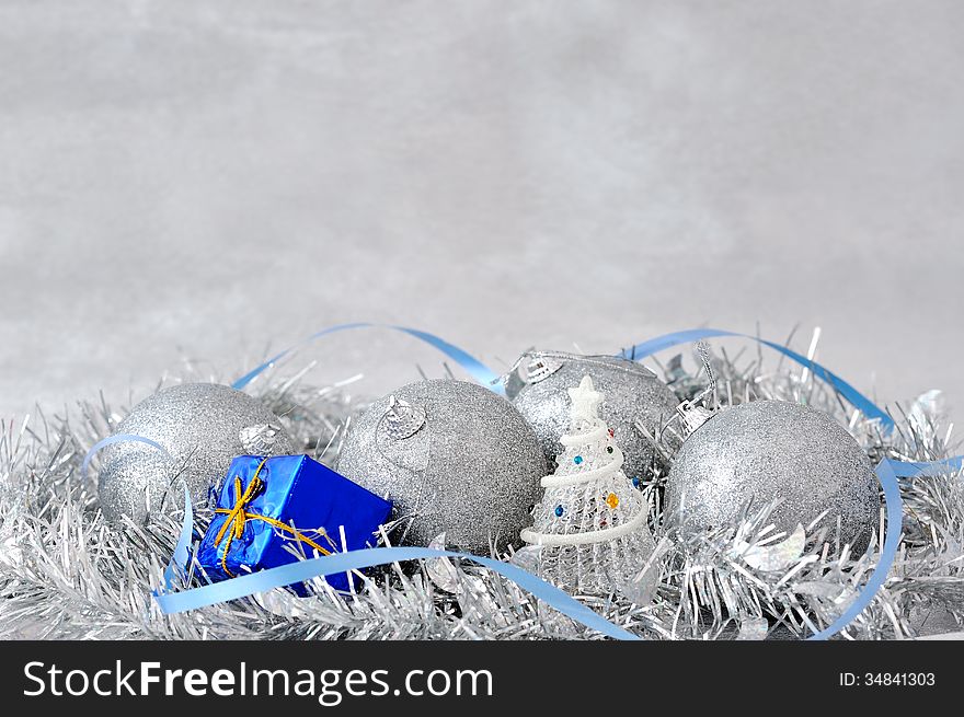 Christmas decoration with tree silver balls small gift box and ribbon. Christmas decoration with tree silver balls small gift box and ribbon