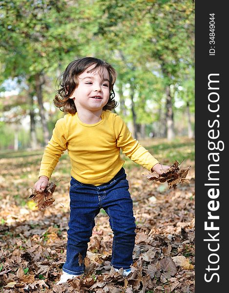 Photo of cute little boy having fun in autumn park. Photo of cute little boy having fun in autumn park.