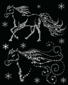 Silhouettes Of Horses In The Snow Flakes Stock Photography