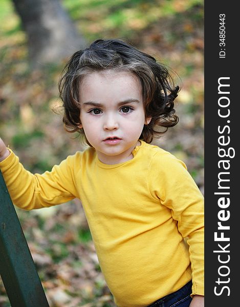 Photo of cute little boy in autumn park.