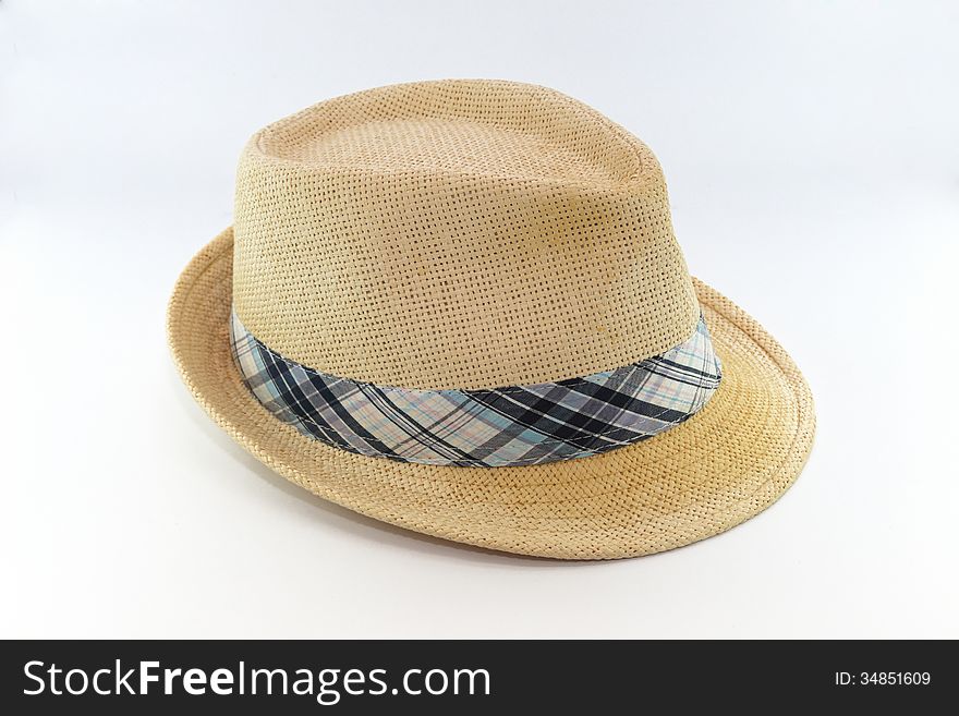 Sraw hat with blue ribbon isolated on white background