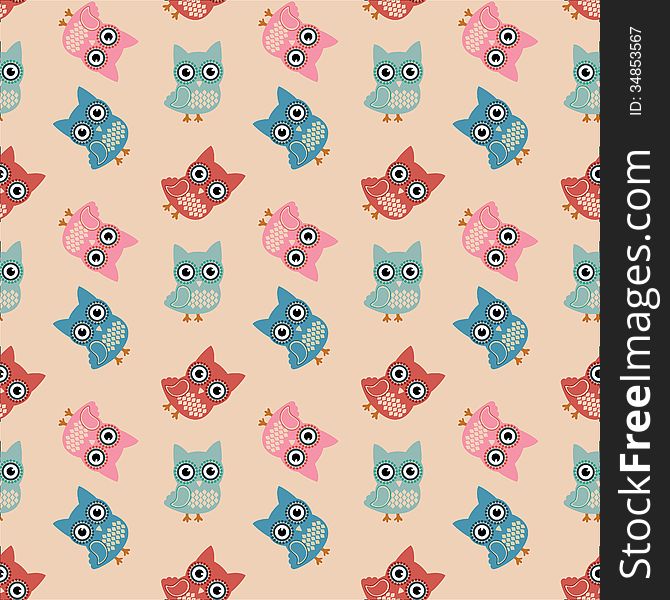 Vector Owl Colorful Seamless Pattern, Background