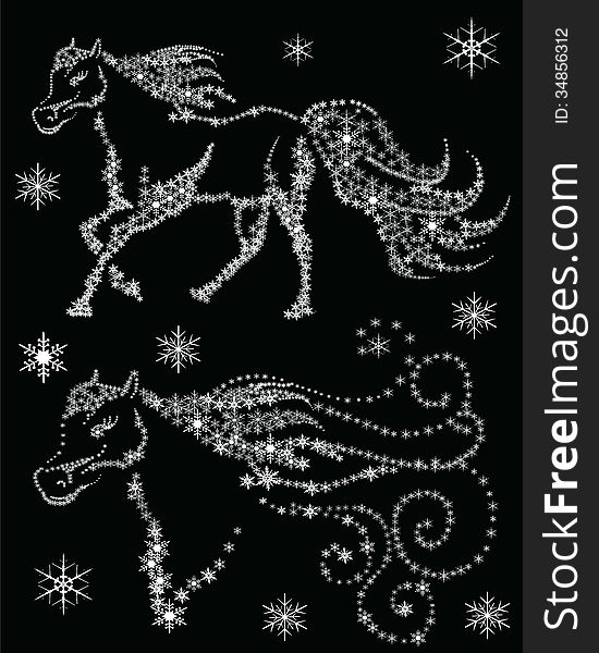 Silhouettes of horses in the snow flakes on a black background