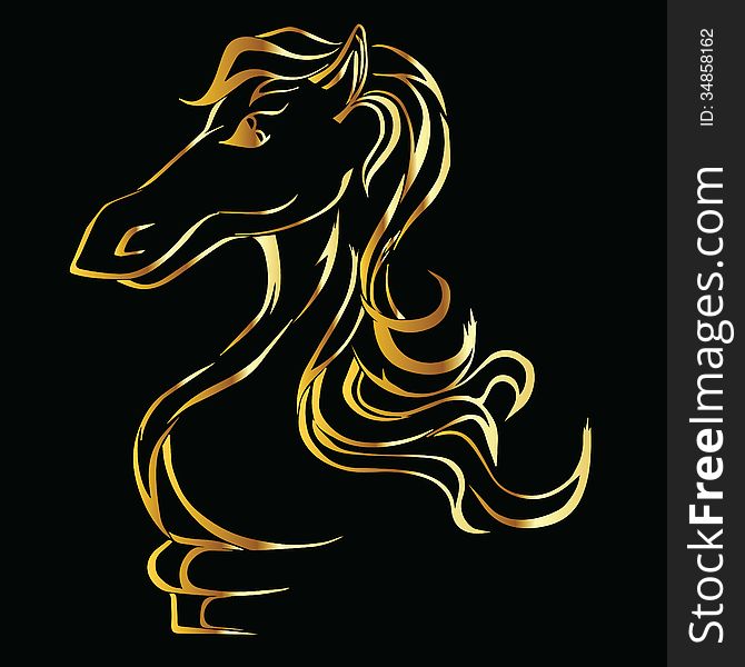 Gold silhouette of a horse on a black background. a horse's head.