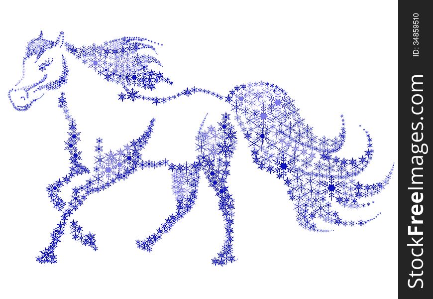 Silhouette of a horse in the snow flakes on a white background