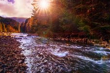 River Flows By Rocky Shore Near The Autumn Mountain Forest Royalty Free Stock Photos River Flows By Rocky Shore Near The Autumn Mountain Forest Royalty Free Stock Photos