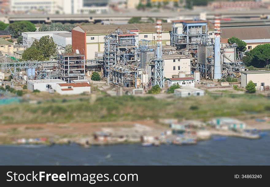 Aerial view of refinery factory. From the plane