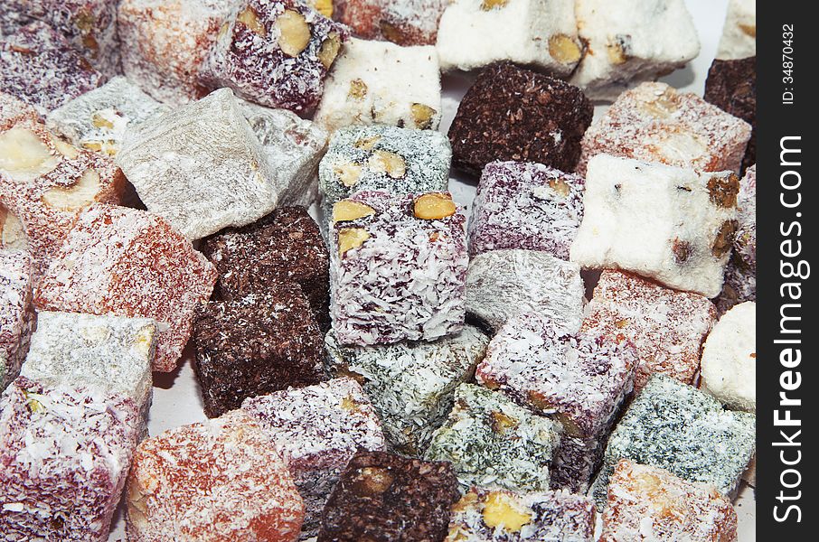 Background of turkish delight, view from above