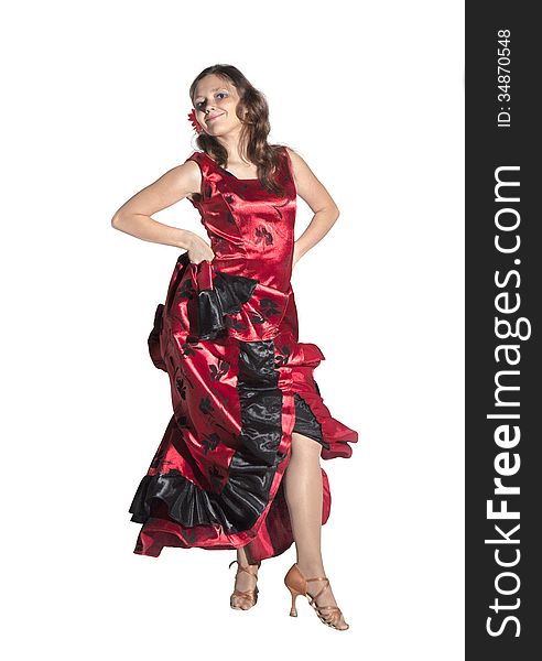 Young woman dancing flamenco, studio shot, white background