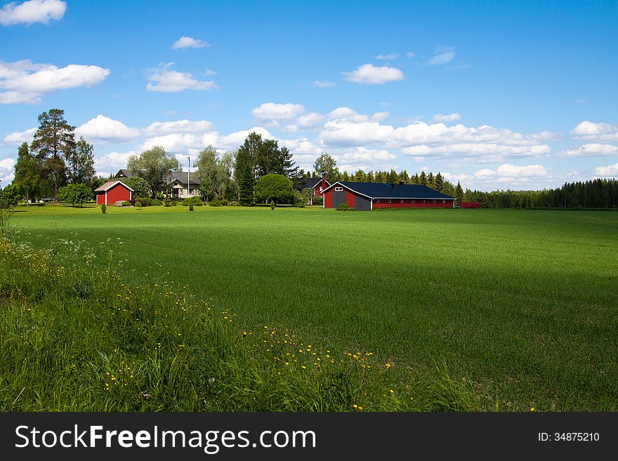 The view to the red farmhouse in rural Finland. The view to the red farmhouse in rural Finland