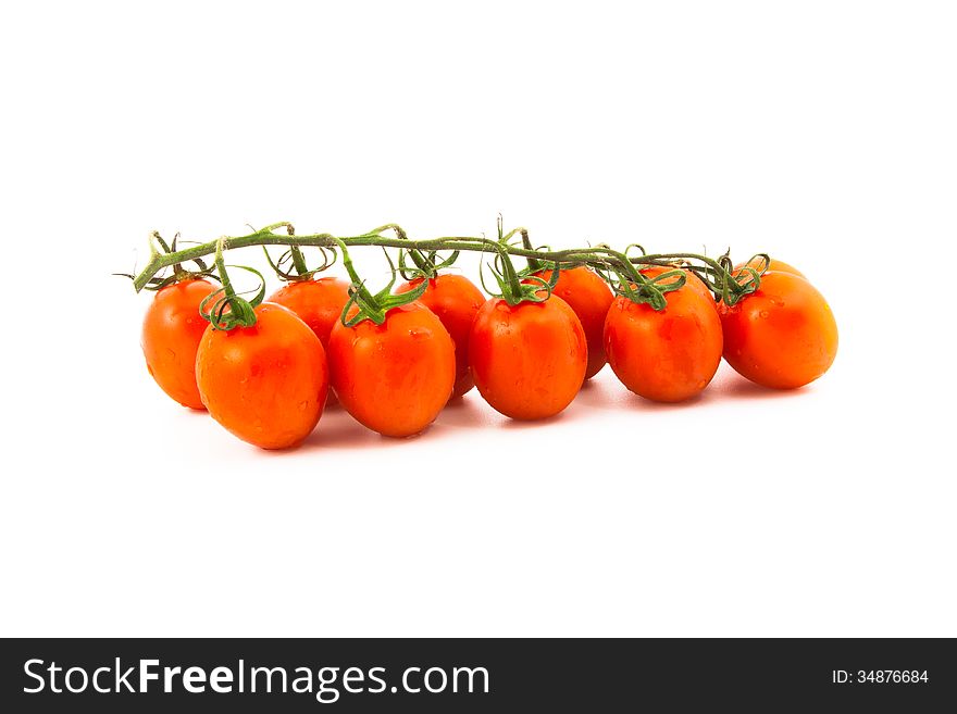Red cherry tomatoes on a branch on a white background