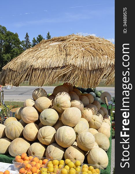 Fresh ripe cantaloupe for sale at an outdoor market