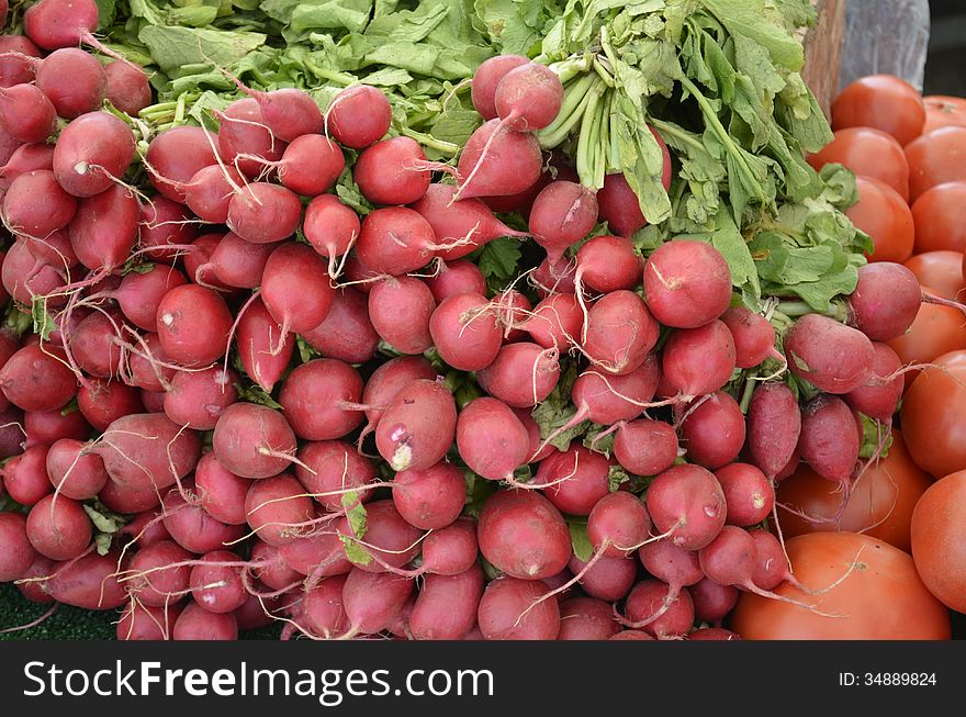 Radishes for sale at a local farm market in rural Michigan, USA