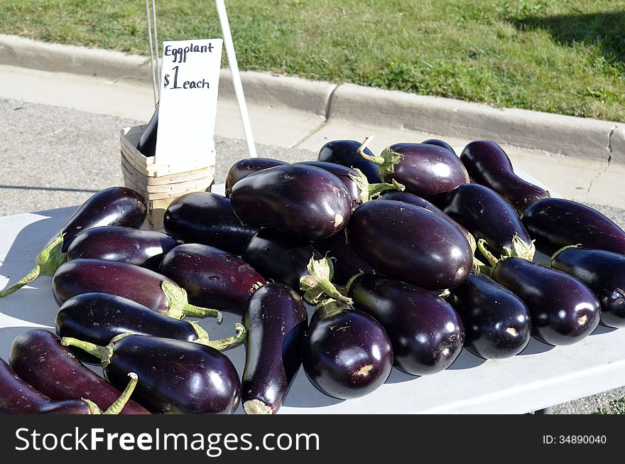 Eggplant harvest for sale at a local Farmers Market in rural Michigan, USA