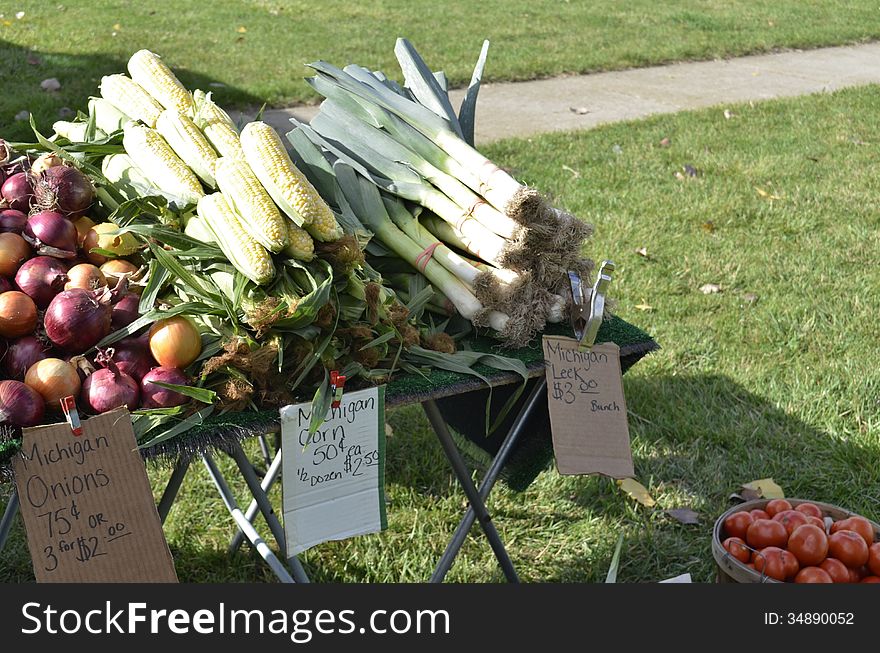 Fresh produce for sale at a local Farmers market in rural Michigan, USA