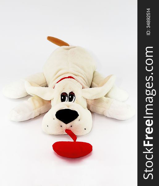 Beige bunny dog with red heart isolated on white background