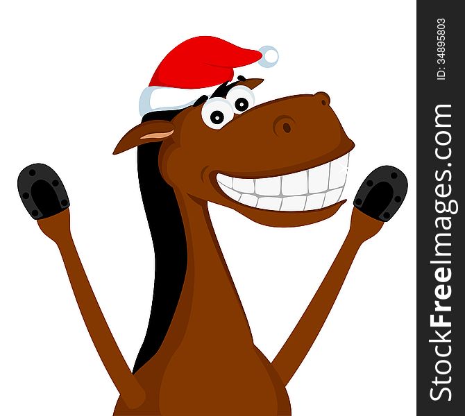 Cheerful horse in the Christmas hat smiled all teeth