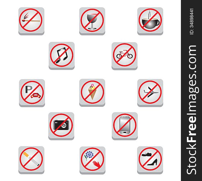 prohibiting signs. Buttons, prohibiting symbols for children and adults