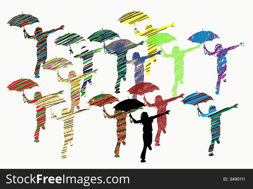 Girls running with umbrella, different colors, illustration. Girls running with umbrella, different colors, illustration