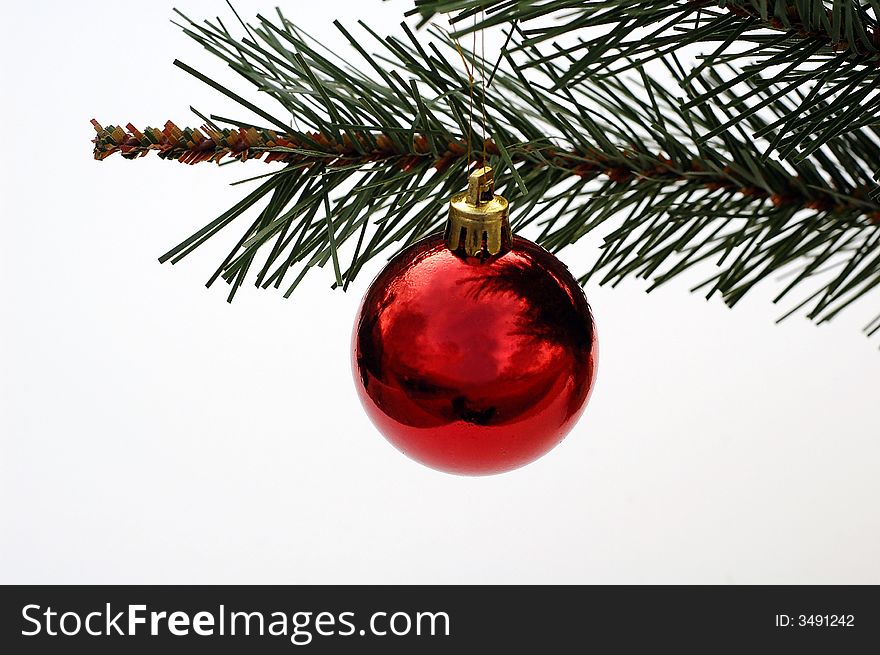 Photo of red Christmas ornament hanging from branch of tree. Photo of red Christmas ornament hanging from branch of tree