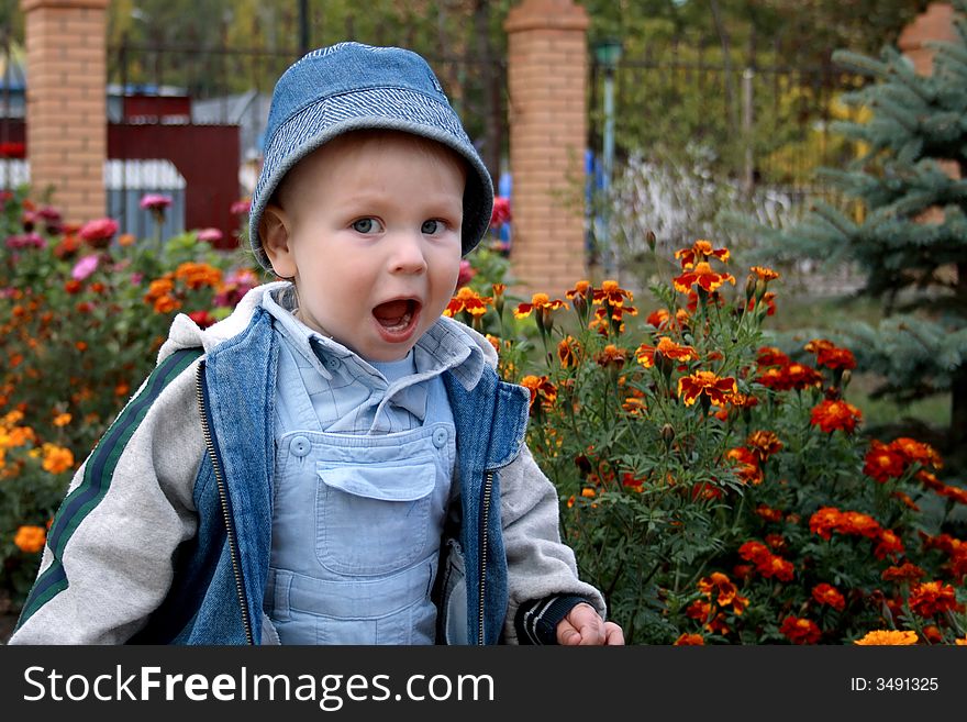 Little boy looking surprisingly on flowers background. Little boy looking surprisingly on flowers background