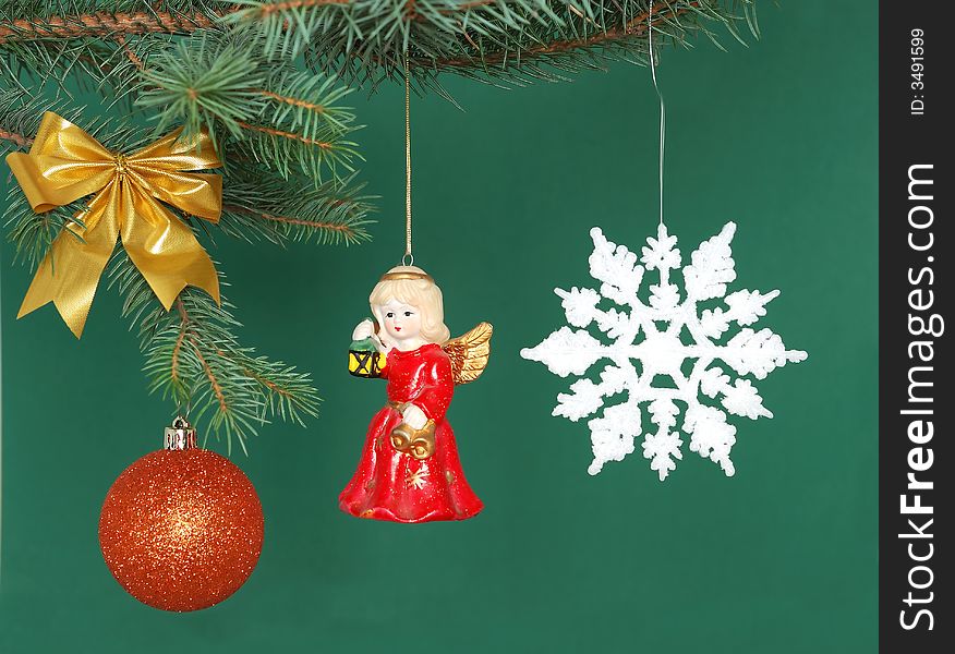 Christmas decorations opposite green background