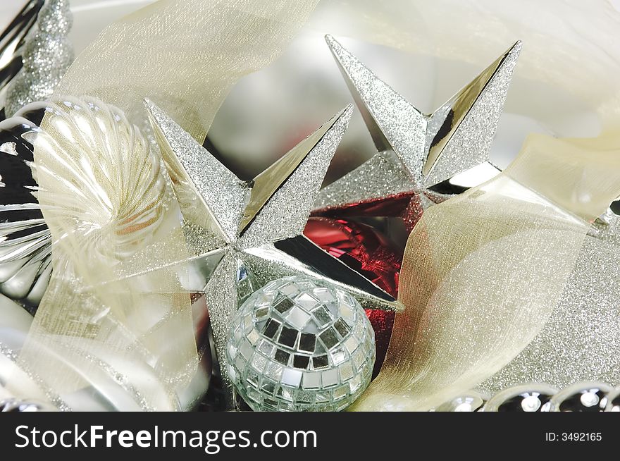 Christmas Ornaments of different shapes with Gold Ribbon. Christmas Ornaments of different shapes with Gold Ribbon.